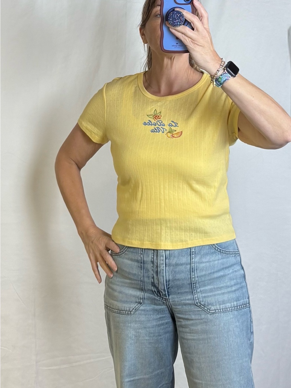 Yellow Ribbed Short Sleeve Tee with Citrus Embroidery